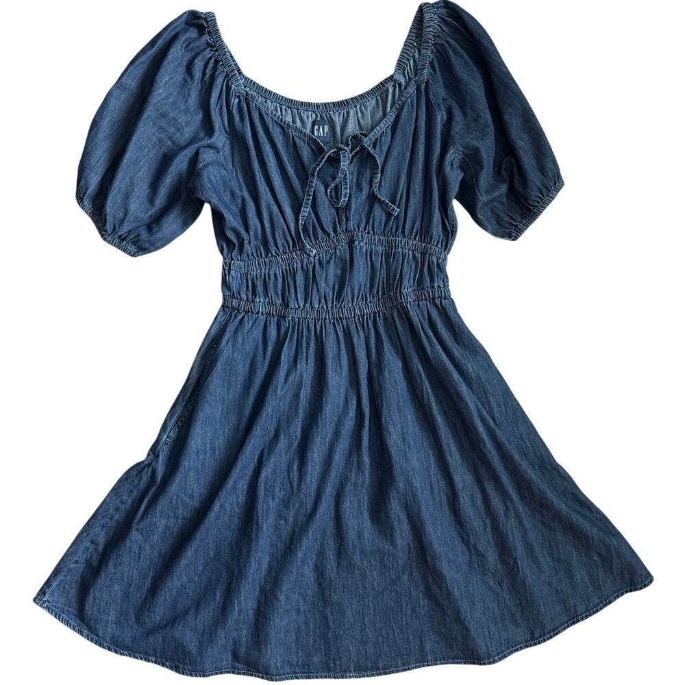GAP Smocked Denim Mini Dress Dark Wash Size Medium Tall - Picture 3 of 12